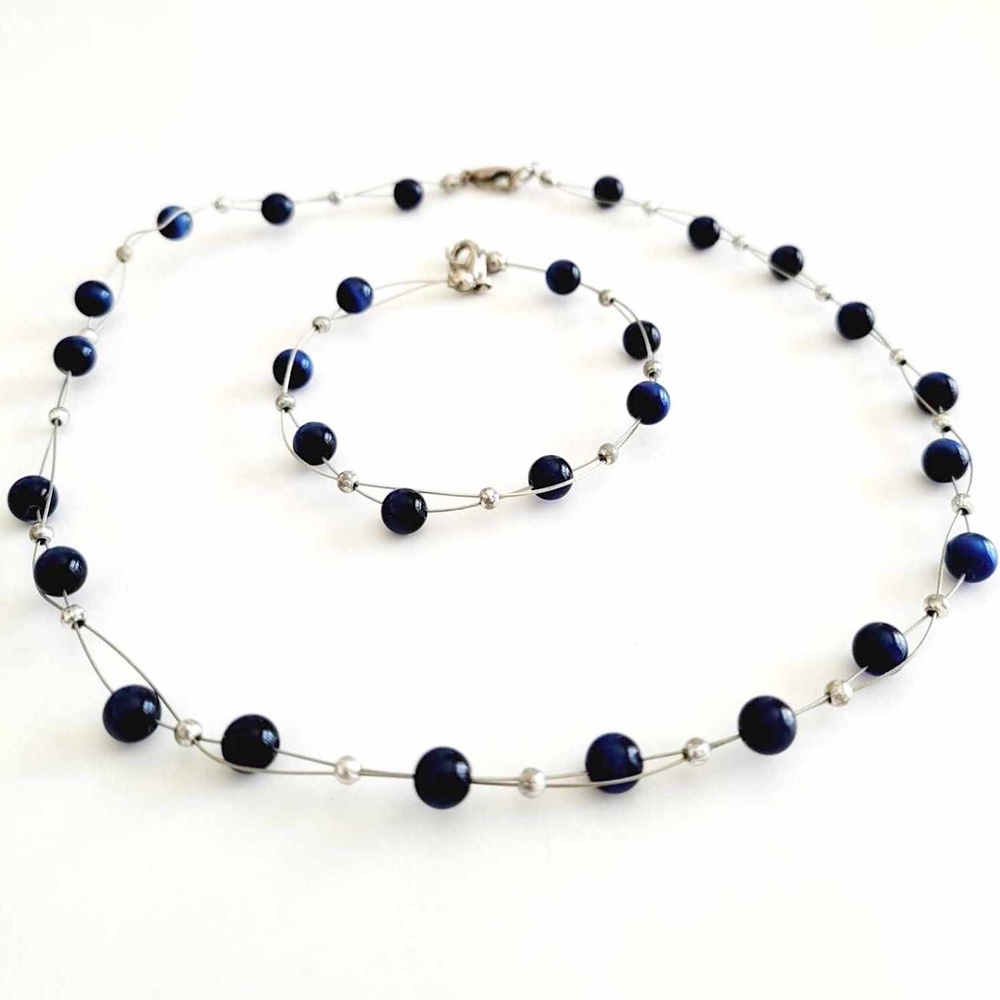 Vintage Dark Navy Blue Floating Pearl Double-strand Necklace & Bracelet Set